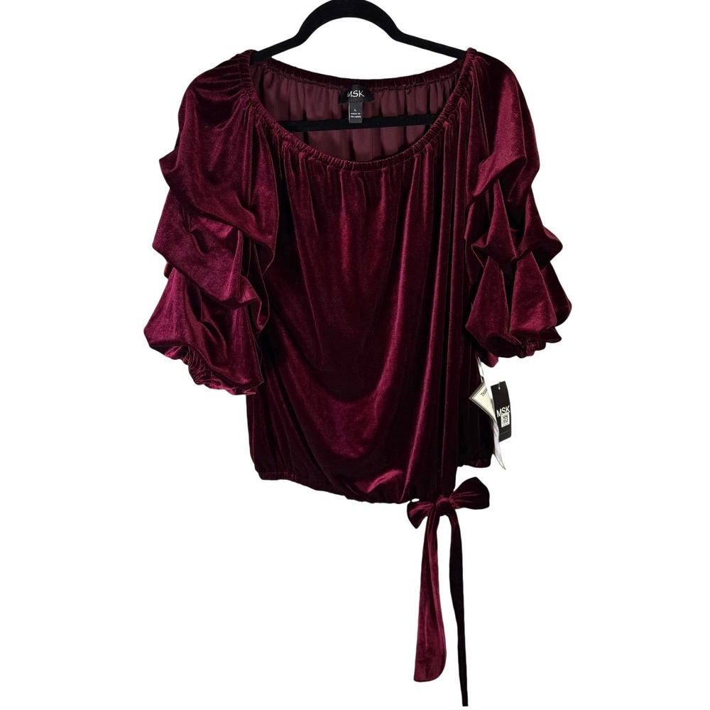 MSK Womens Wine Velvet Ruffle Sleeve Side Tie Blouse Top Large NWT Party Event